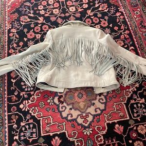 CREAM COLORED FRINGE LEATHER MOTO JACKET!